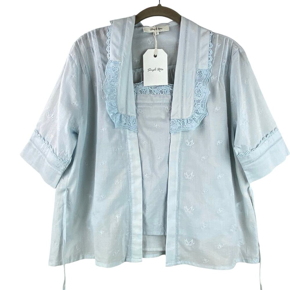Simple Retro Lace Cotton Blouse Size M Light Blue Romantic New With Tag